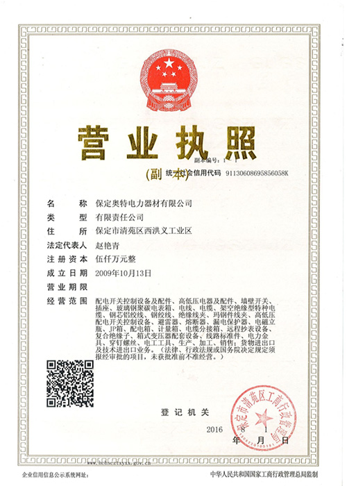 奧特電力榮譽(yù)資質(zhì)